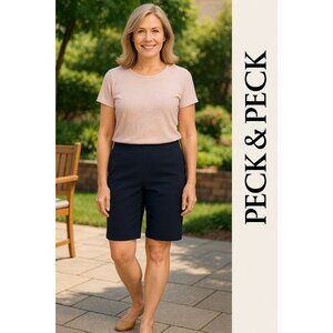 Peck & Peck Women’s Navy Bermuda Shorts Size 14 Rayon Blend Stretch Classic Fit